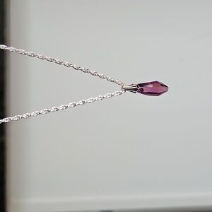 Purple Crystal Faceted Necklace Slender Cut Silvertone Chain Incl NWOT